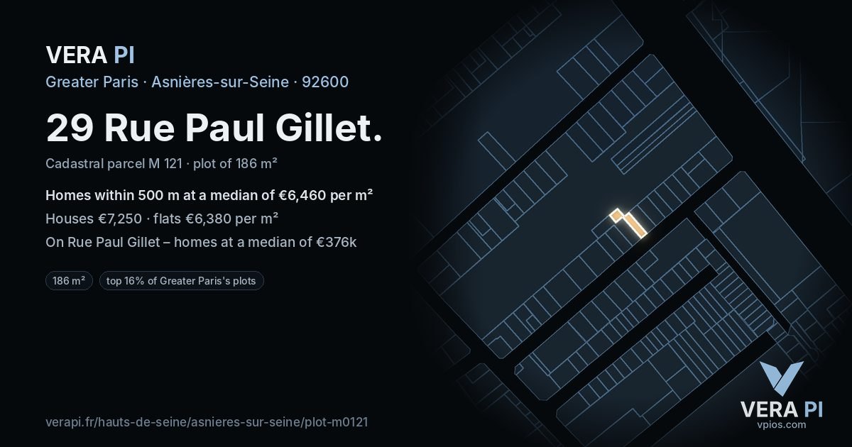 29 Rue Paul Gillet, Asnières-sur-Seine at night – the plot lit, the parcels around coloured by the prices near them