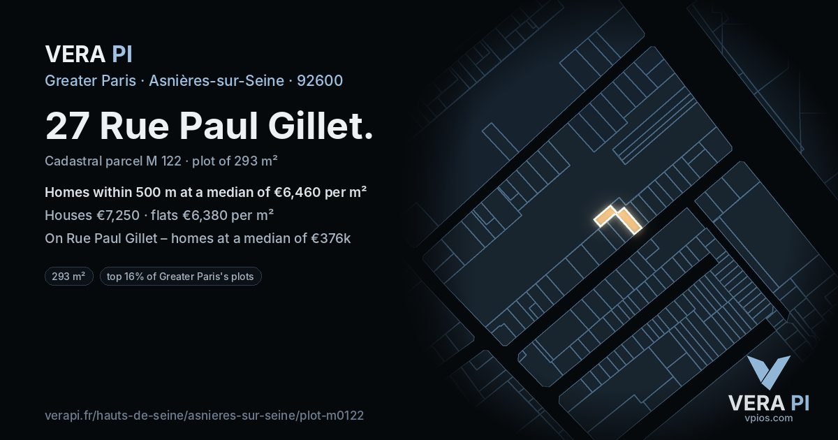 27 Rue Paul Gillet, Asnières-sur-Seine at night – the plot lit, the parcels around coloured by the prices near them