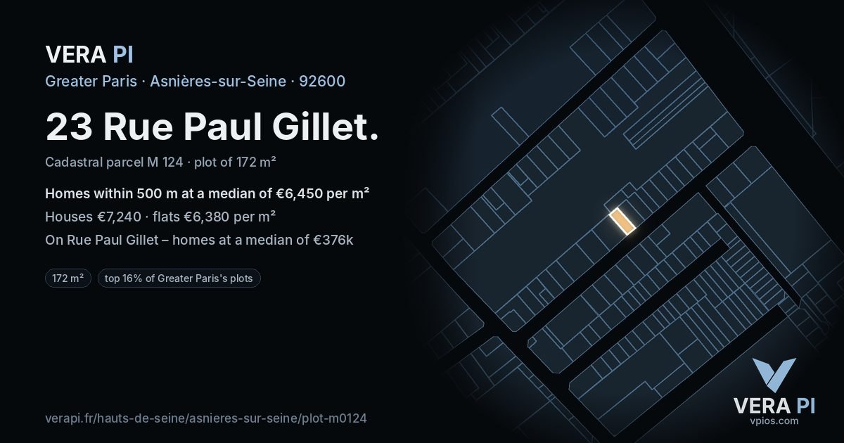 23 Rue Paul Gillet, Asnières-sur-Seine at night – the plot lit, the parcels around coloured by the prices near them