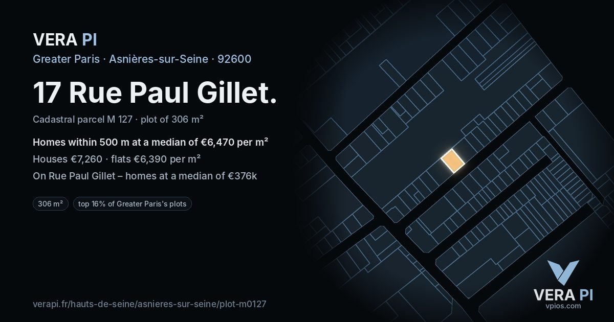 17 Rue Paul Gillet, Asnières-sur-Seine at night – the plot lit, the parcels around coloured by the prices near them