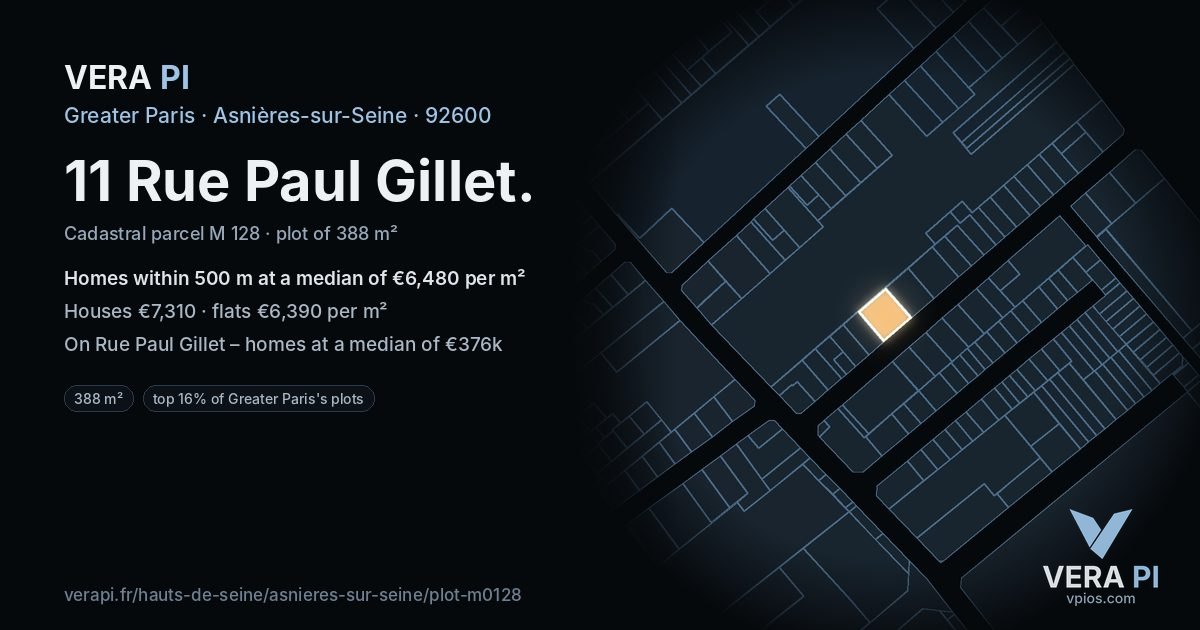 11 Rue Paul Gillet, Asnières-sur-Seine at night – the plot lit, the parcels around coloured by the prices near them
