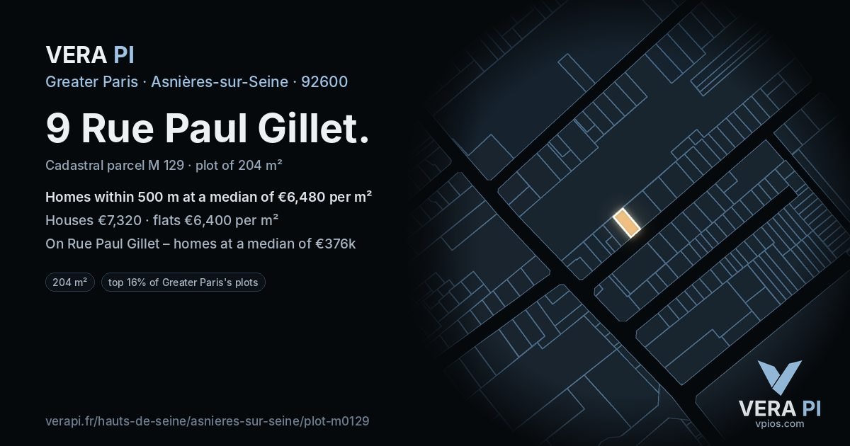 9 Rue Paul Gillet, Asnières-sur-Seine at night – the plot lit, the parcels around coloured by the prices near them