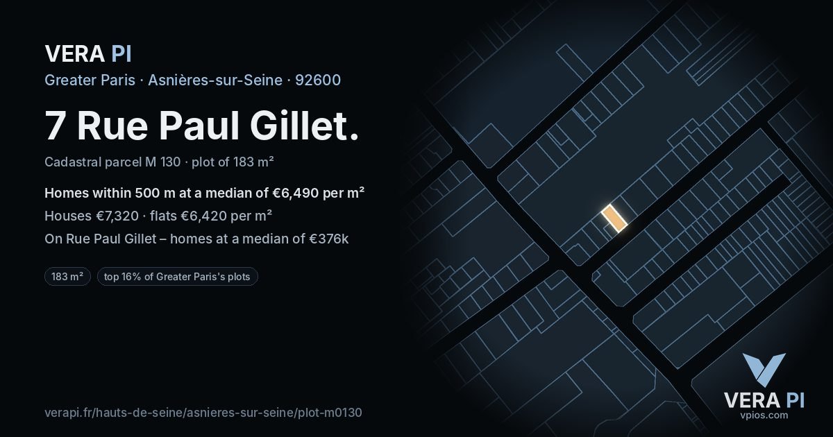 7 Rue Paul Gillet, Asnières-sur-Seine at night – the plot lit, the parcels around coloured by the prices near them