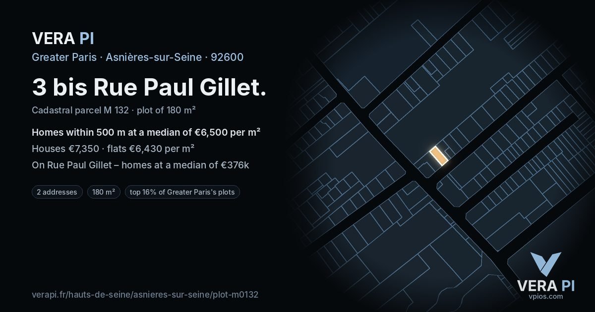 3 bis Rue Paul Gillet, Asnières-sur-Seine at night – the plot lit, the parcels around coloured by the prices near them
