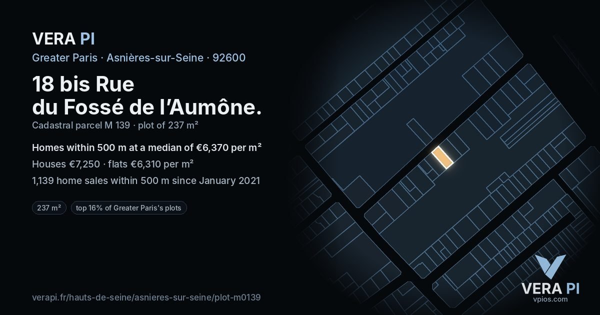 18 bis Rue du Fossé de l’Aumône, Asnières-sur-Seine at night – the plot lit, the parcels around coloured by the prices near them