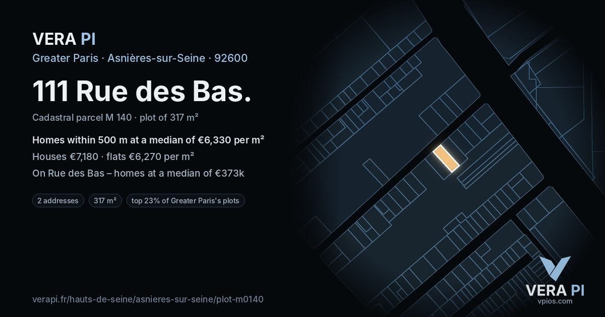 111 Rue des Bas, Asnières-sur-Seine at night – the plot lit, the parcels around coloured by the prices near them