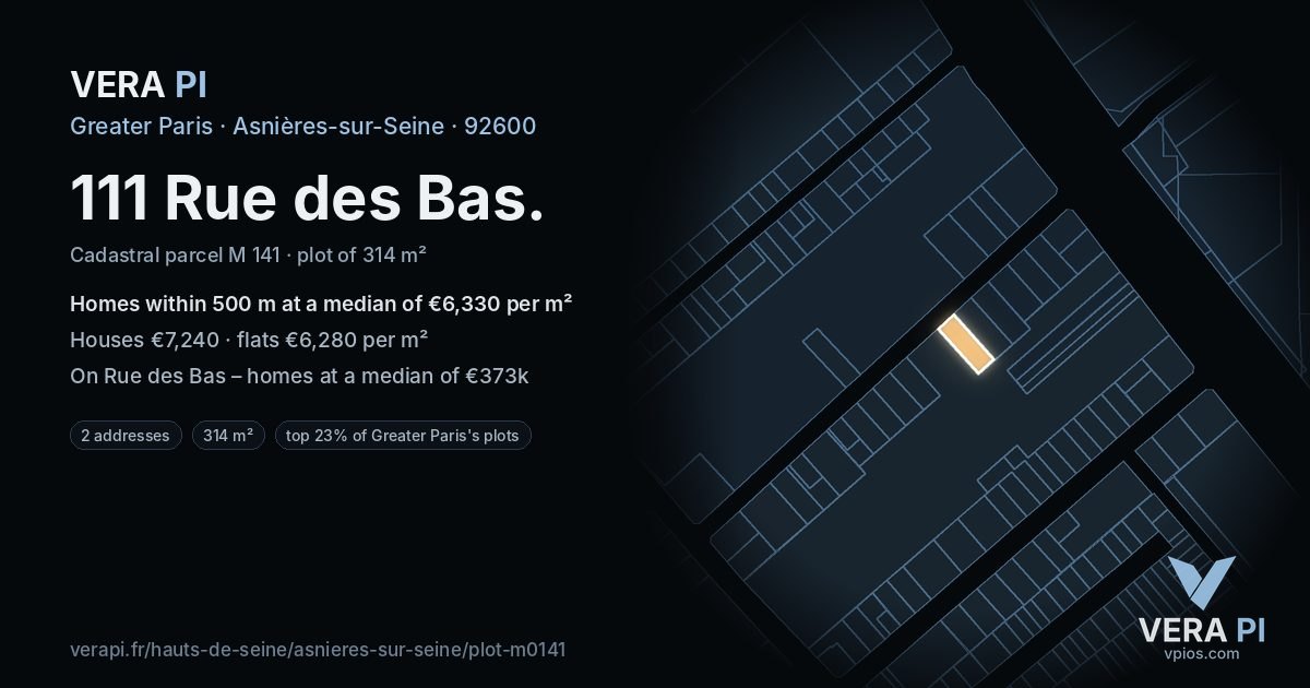 111 Rue des Bas, Asnières-sur-Seine at night – the plot lit, the parcels around coloured by the prices near them