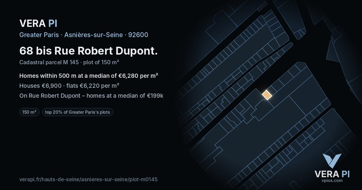 68 bis Rue Robert Dupont, Asnières-sur-Seine at night – the plot lit, the parcels around coloured by the prices near them