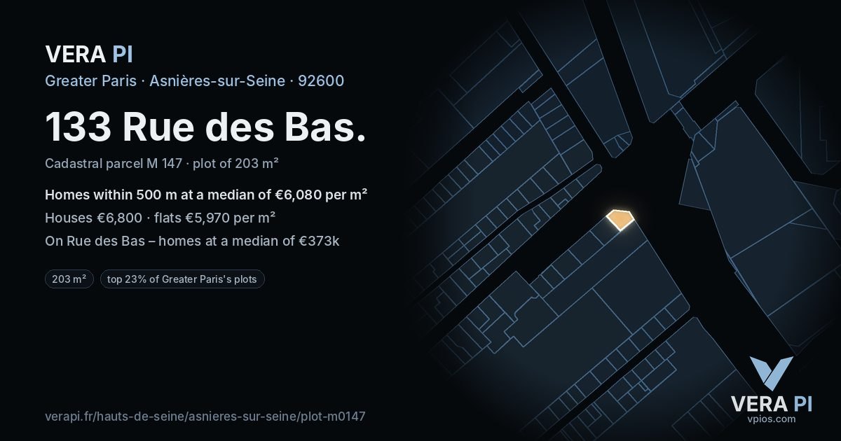 133 Rue des Bas, Asnières-sur-Seine at night – the plot lit, the parcels around coloured by the prices near them