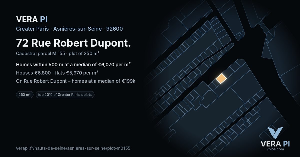 72 Rue Robert Dupont, Asnières-sur-Seine at night – the plot lit, the parcels around coloured by the prices near them