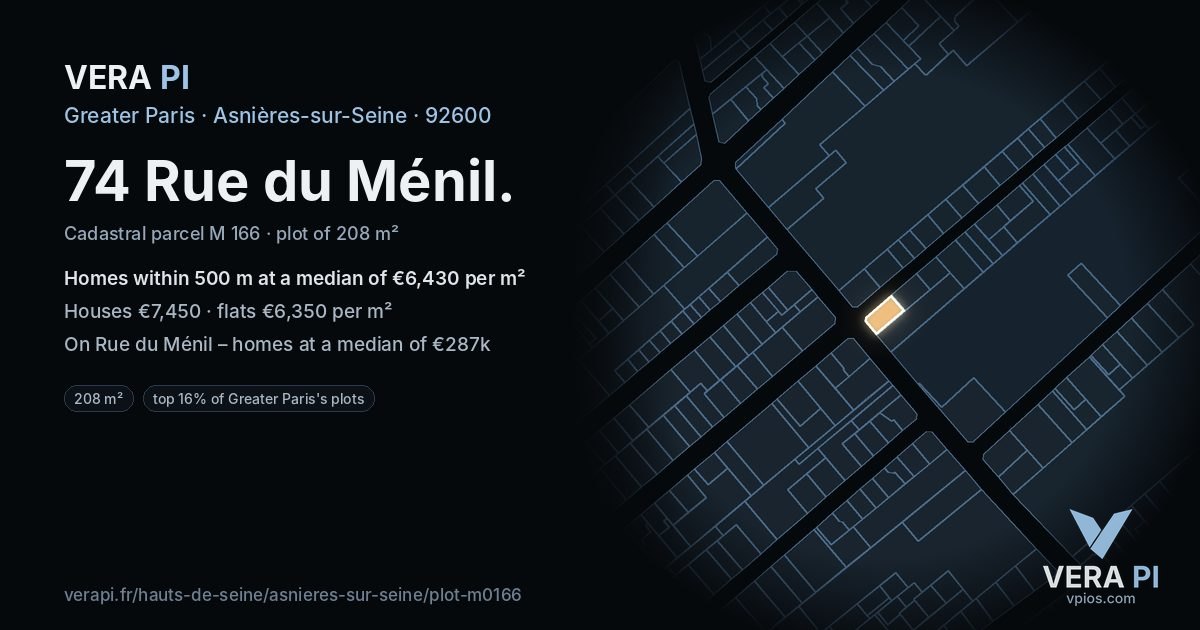 74 Rue du Ménil, Asnières-sur-Seine at night – the plot lit, the parcels around coloured by the prices near them