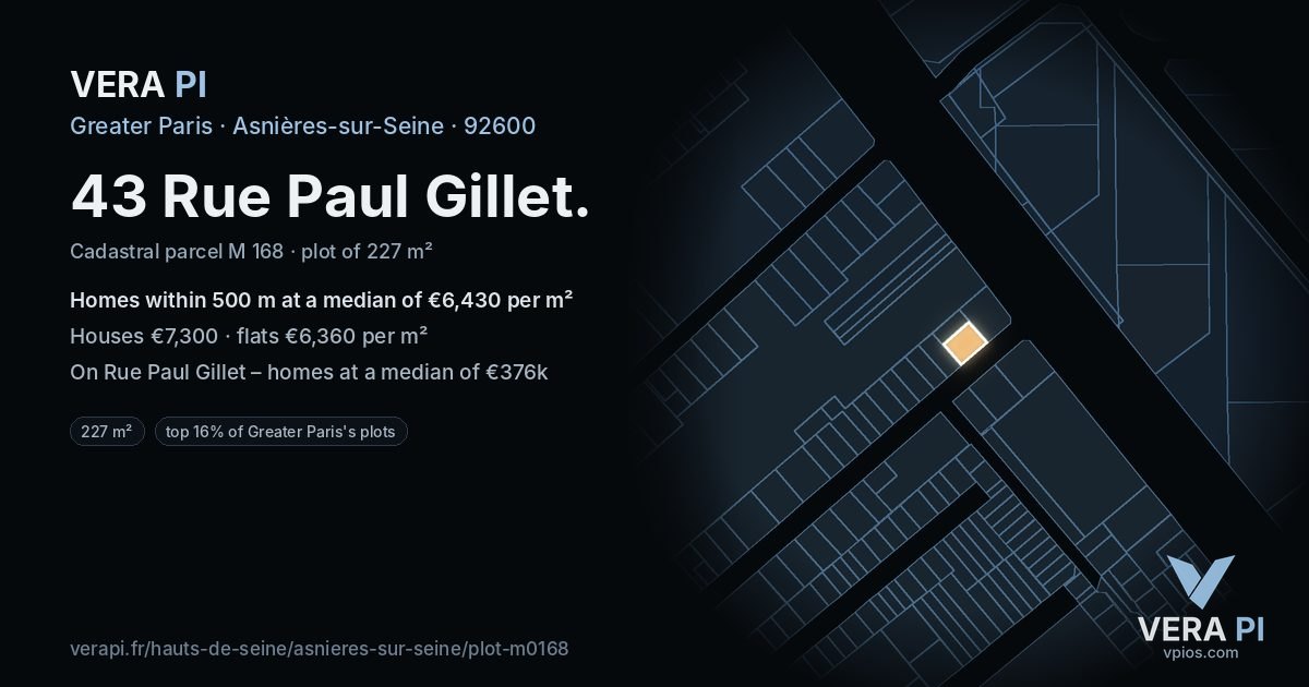 43 Rue Paul Gillet, Asnières-sur-Seine at night – the plot lit, the parcels around coloured by the prices near them