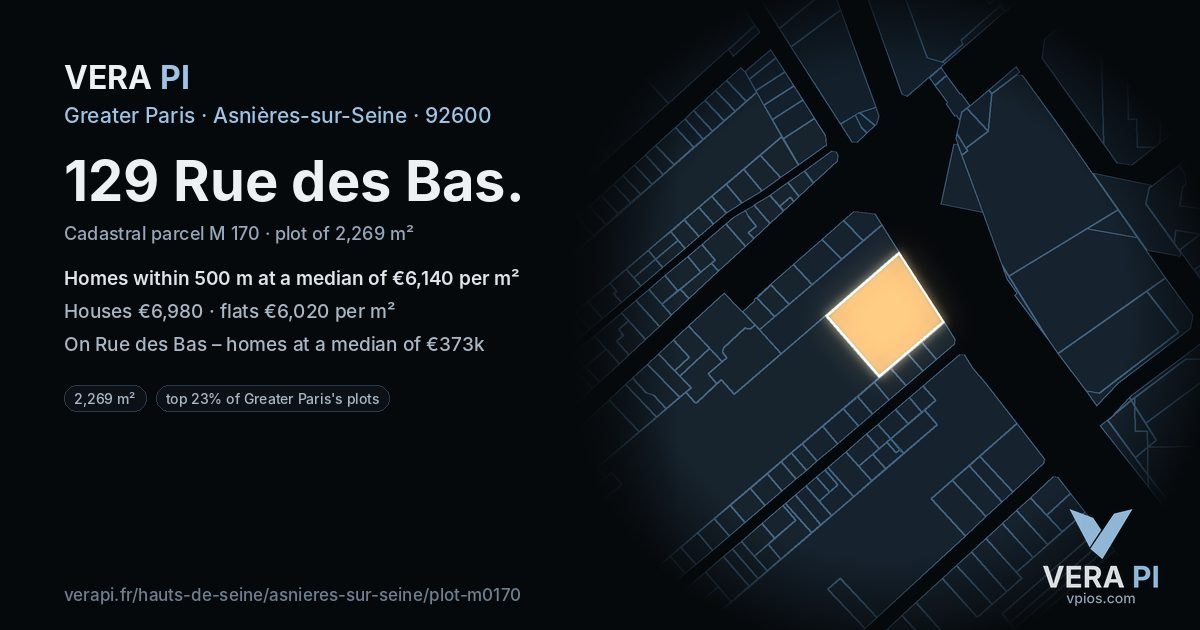 129 Rue des Bas, Asnières-sur-Seine at night – the plot lit, the parcels around coloured by the prices near them