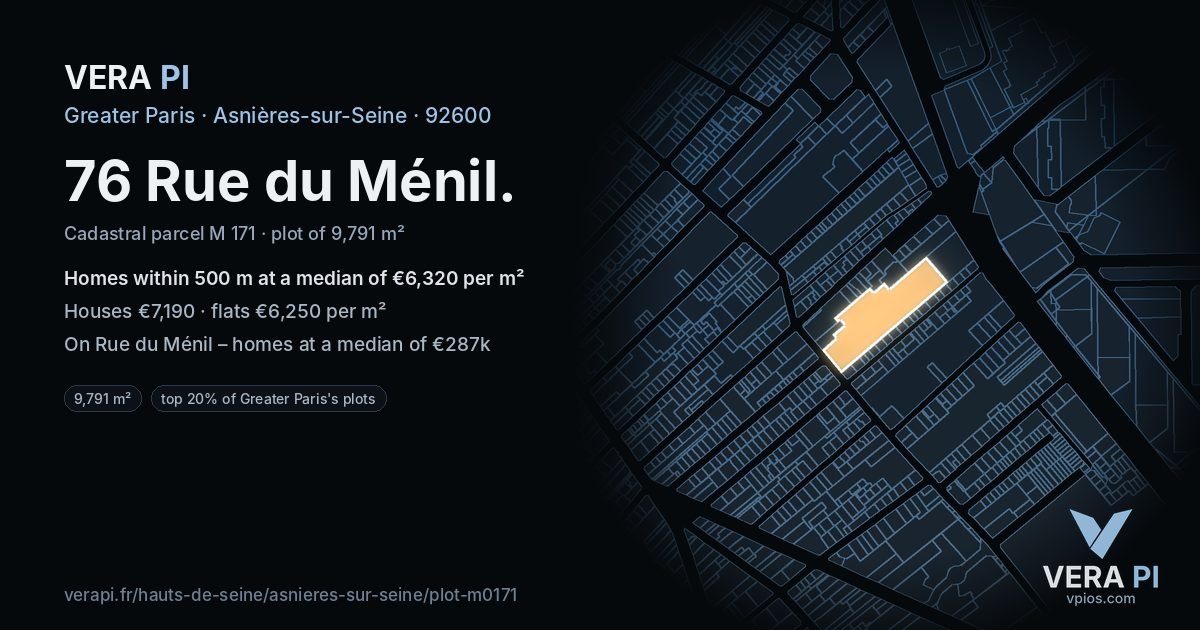 76 Rue du Ménil, Asnières-sur-Seine at night – the plot lit, the parcels around coloured by the prices near them