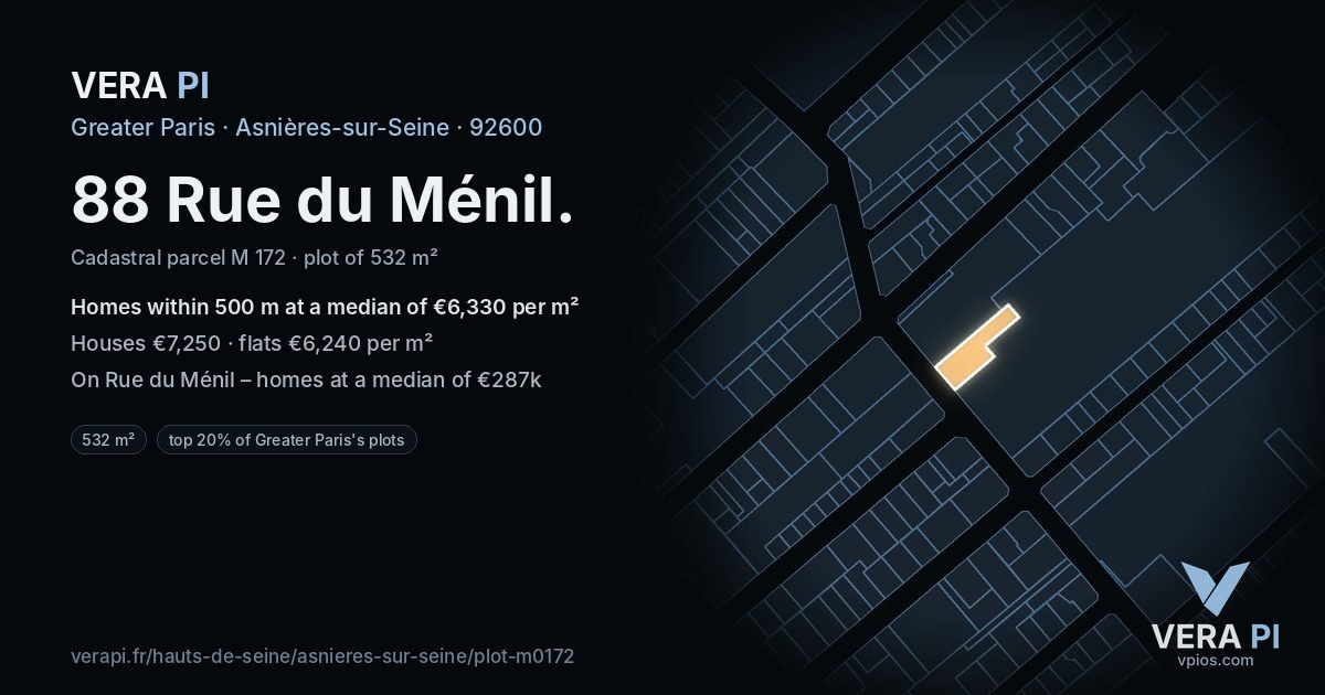 88 Rue du Ménil, Asnières-sur-Seine at night – the plot lit, the parcels around coloured by the prices near them