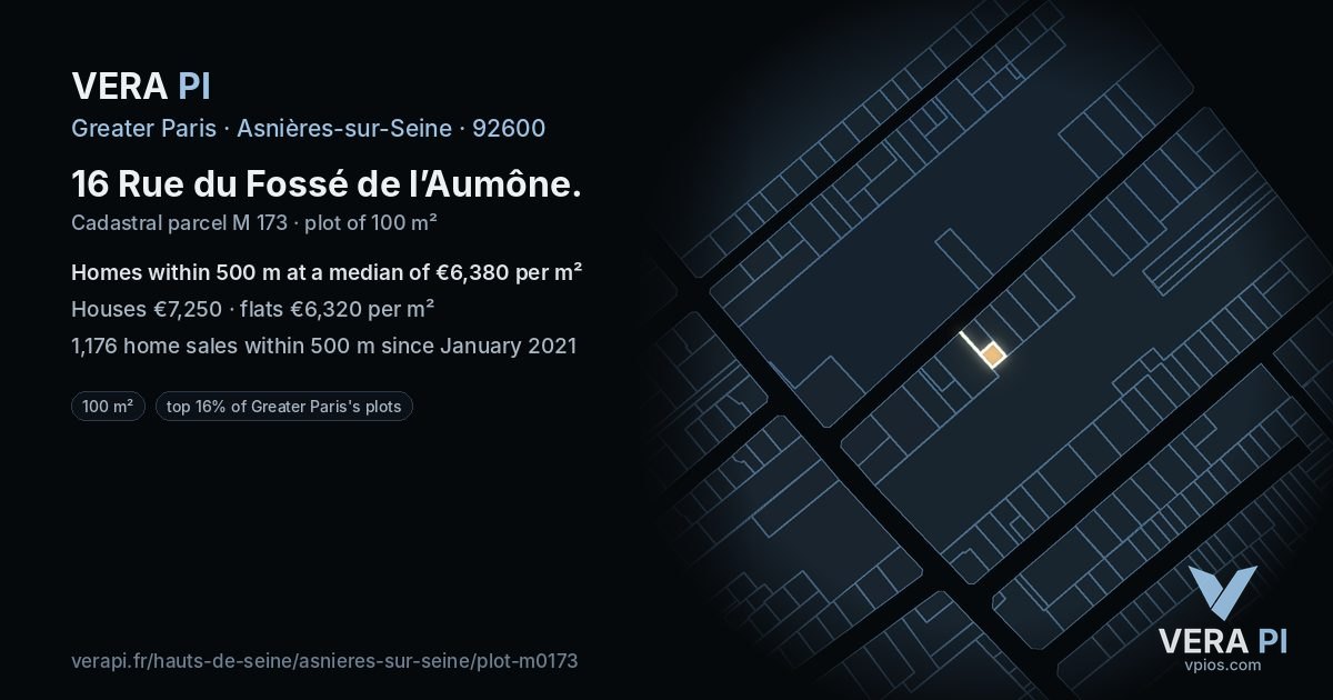 16 Rue du Fossé de l’Aumône, Asnières-sur-Seine at night – the plot lit, the parcels around coloured by the prices near them