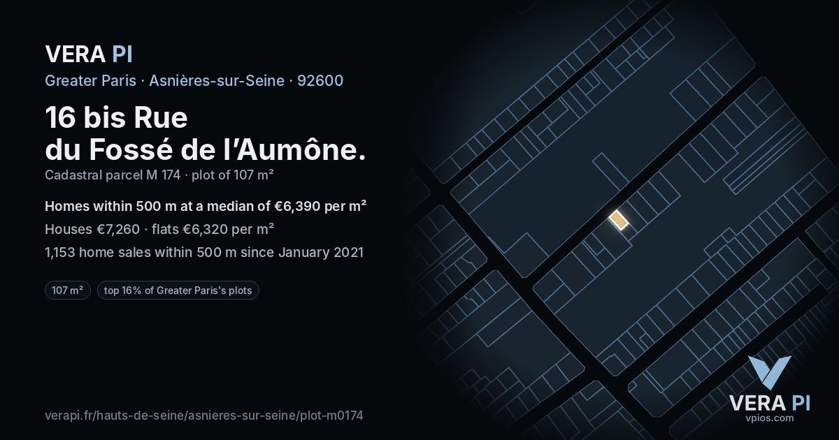16 bis Rue du Fossé de l’Aumône, Asnières-sur-Seine at night – the plot lit, the parcels around coloured by the prices near them