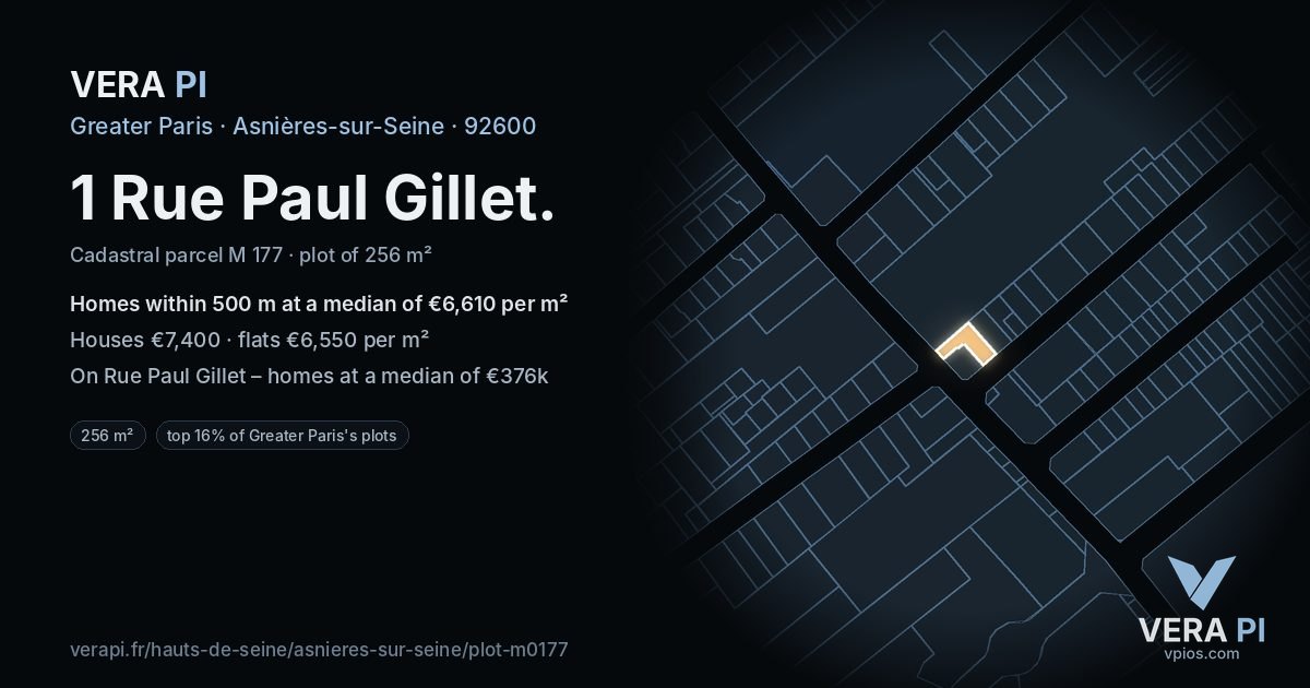 1 Rue Paul Gillet, Asnières-sur-Seine at night – the plot lit, the parcels around coloured by the prices near them