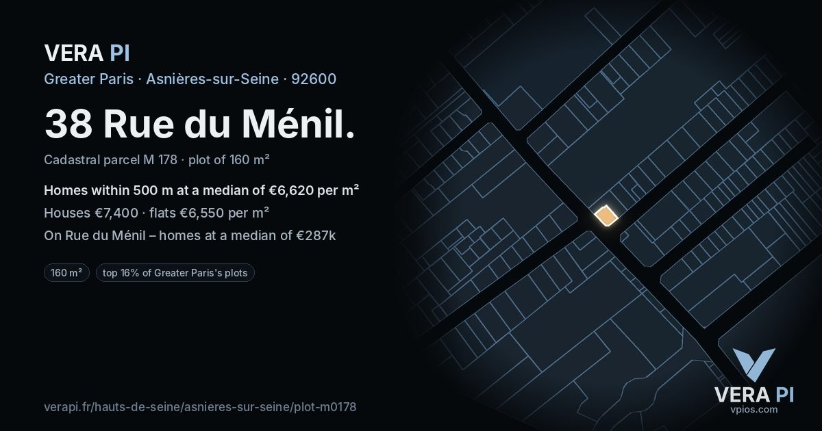38 Rue du Ménil, Asnières-sur-Seine at night – the plot lit, the parcels around coloured by the prices near them