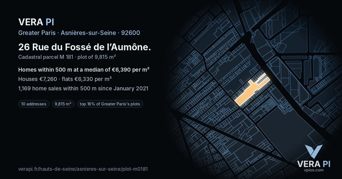 26 Rue du Fossé de l’Aumône, Asnières-sur-Seine at night – the plot lit, the parcels around coloured by the prices near them