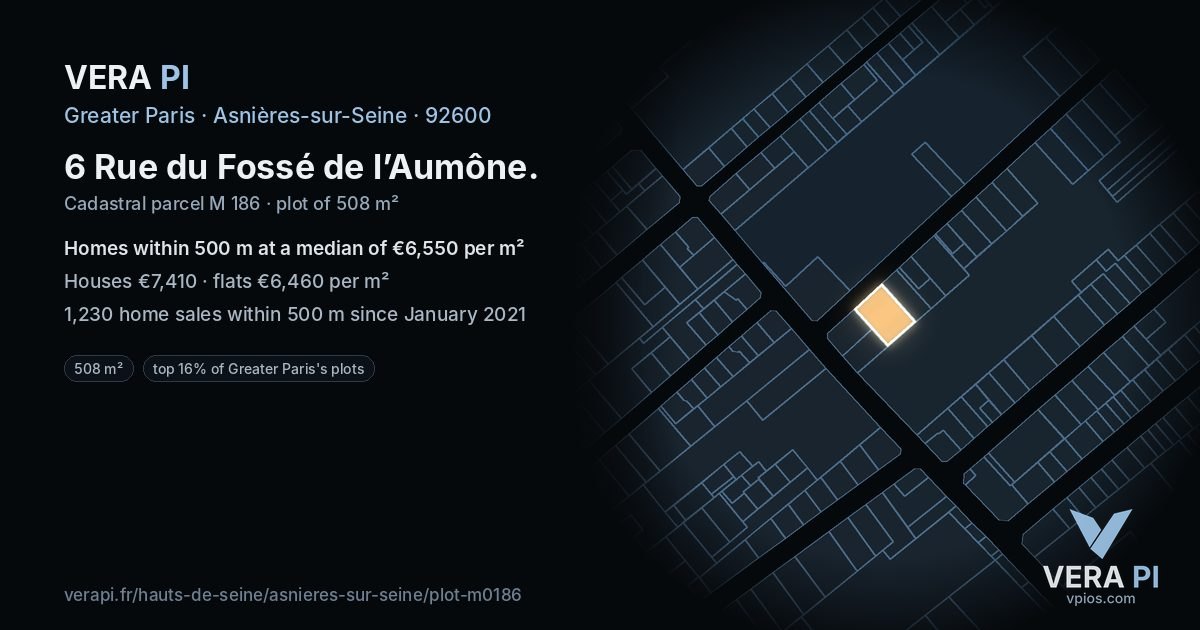 6 Rue du Fossé de l’Aumône, Asnières-sur-Seine at night – the plot lit, the parcels around coloured by the prices near them