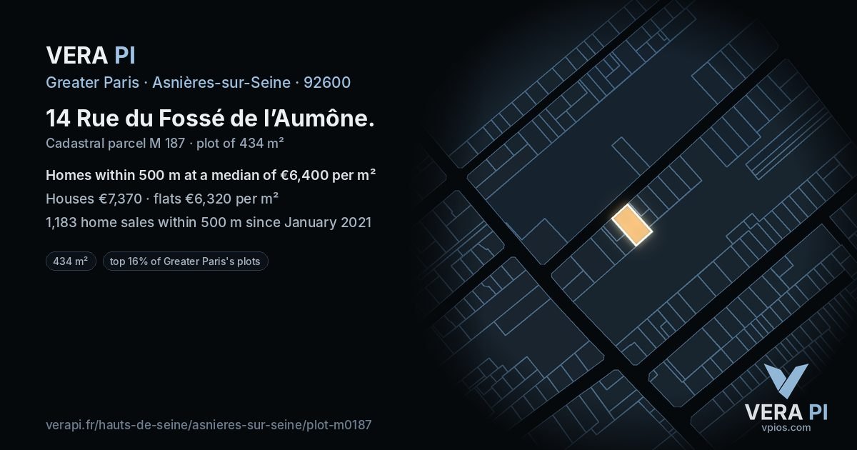 14 Rue du Fossé de l’Aumône, Asnières-sur-Seine at night – the plot lit, the parcels around coloured by the prices near them