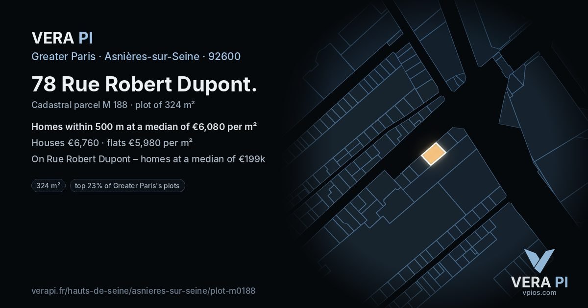 78 Rue Robert Dupont, Asnières-sur-Seine at night – the plot lit, the parcels around coloured by the prices near them