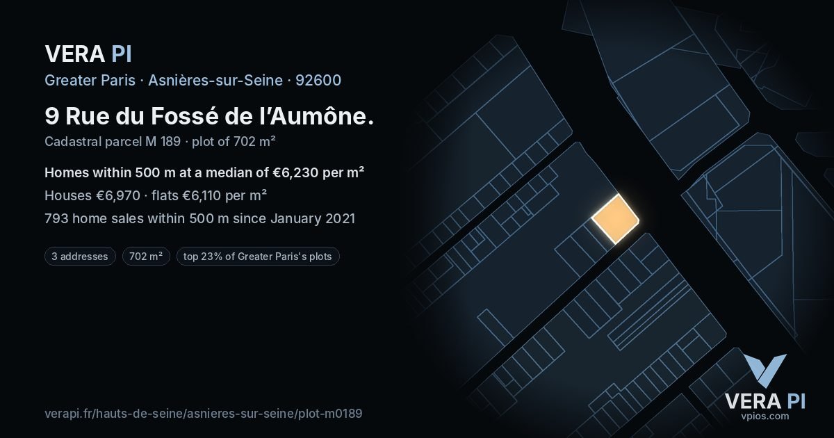 9 Rue du Fossé de l’Aumône, Asnières-sur-Seine at night – the plot lit, the parcels around coloured by the prices near them
