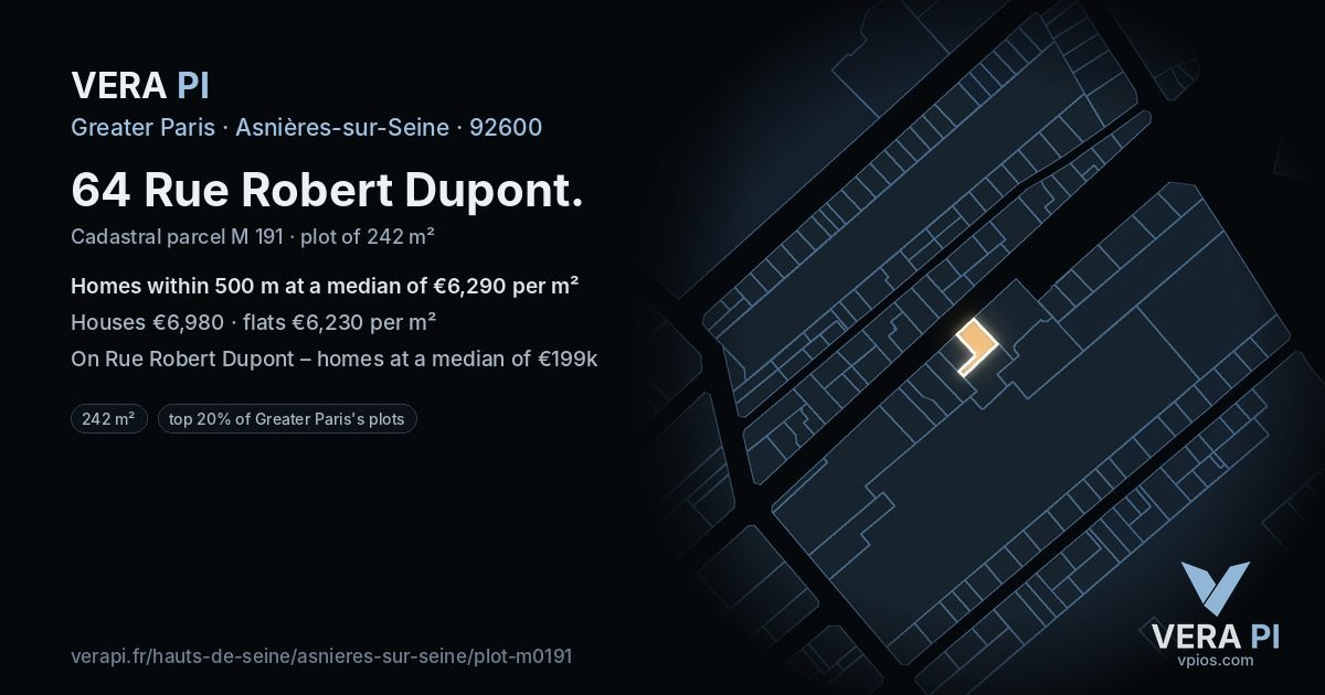 64 Rue Robert Dupont, Asnières-sur-Seine at night – the plot lit, the parcels around coloured by the prices near them