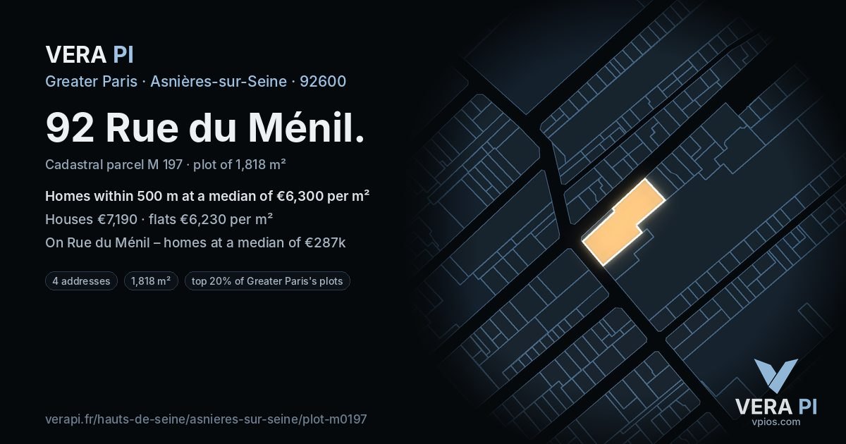 92 Rue du Ménil, Asnières-sur-Seine at night – the plot lit, the parcels around coloured by the prices near them