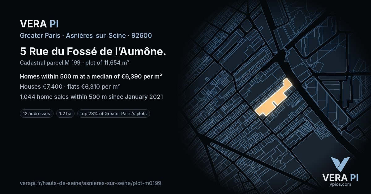 5 Rue du Fossé de l’Aumône, Asnières-sur-Seine at night – the plot lit, the parcels around coloured by the prices near them