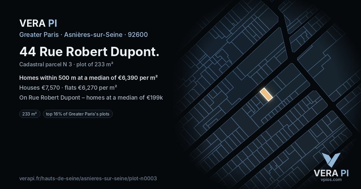 44 Rue Robert Dupont, Asnières-sur-Seine at night – the plot lit, the parcels around coloured by the prices near them