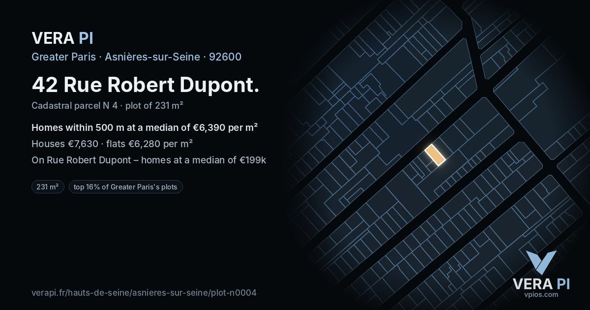 42 Rue Robert Dupont, Asnières-sur-Seine at night – the plot lit, the parcels around coloured by the prices near them