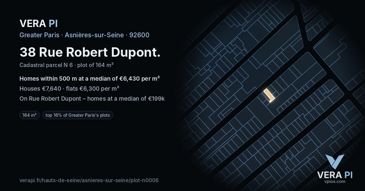 38 Rue Robert Dupont, Asnières-sur-Seine at night – the plot lit, the parcels around coloured by the prices near them