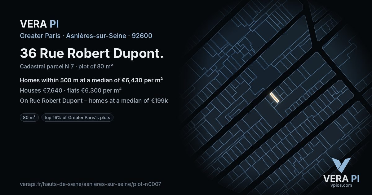36 Rue Robert Dupont, Asnières-sur-Seine at night – the plot lit, the parcels around coloured by the prices near them