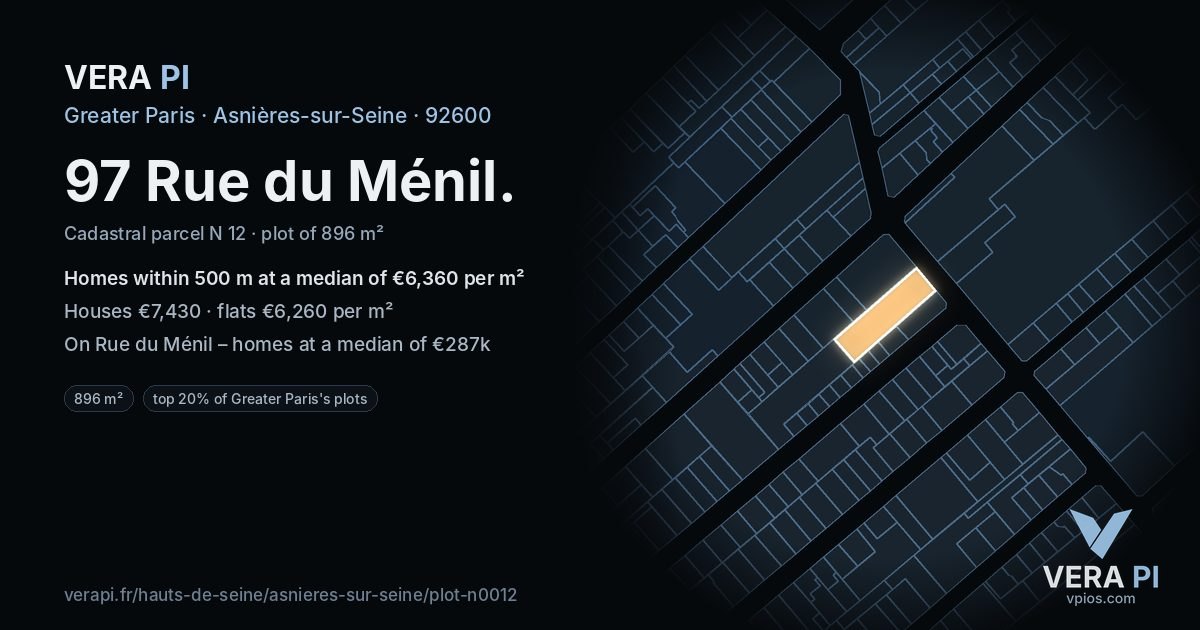 97 Rue du Ménil, Asnières-sur-Seine at night – the plot lit, the parcels around coloured by the prices near them