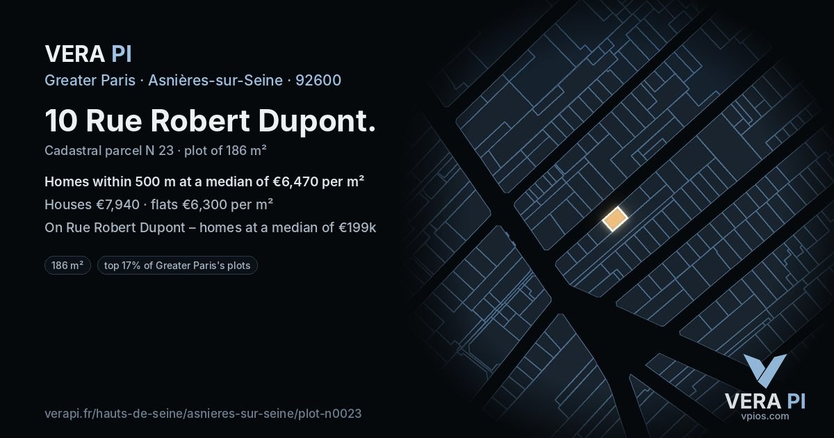 10 Rue Robert Dupont, Asnières-sur-Seine at night – the plot lit, the parcels around coloured by the prices near them