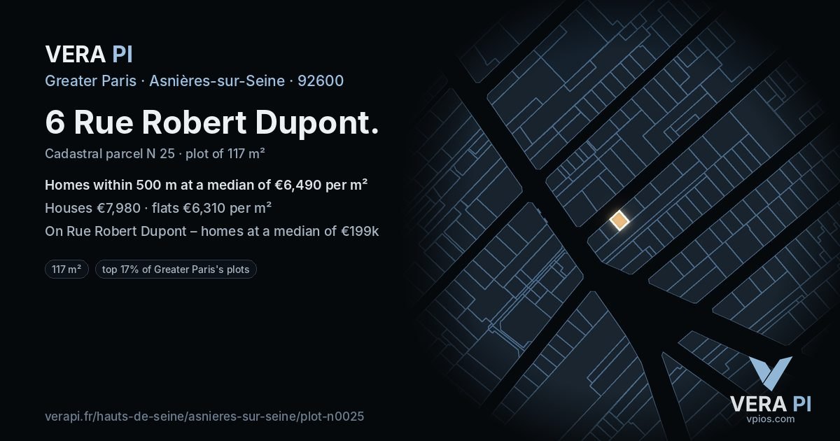 6 Rue Robert Dupont, Asnières-sur-Seine at night – the plot lit, the parcels around coloured by the prices near them