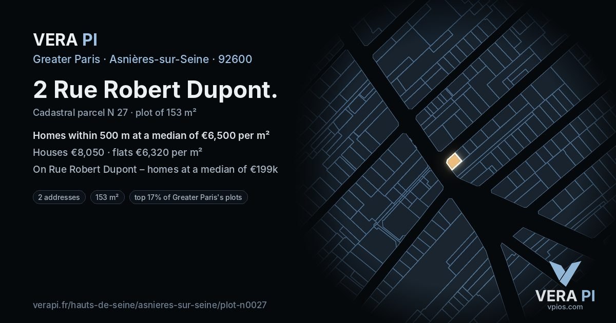 2 Rue Robert Dupont, Asnières-sur-Seine at night – the plot lit, the parcels around coloured by the prices near them