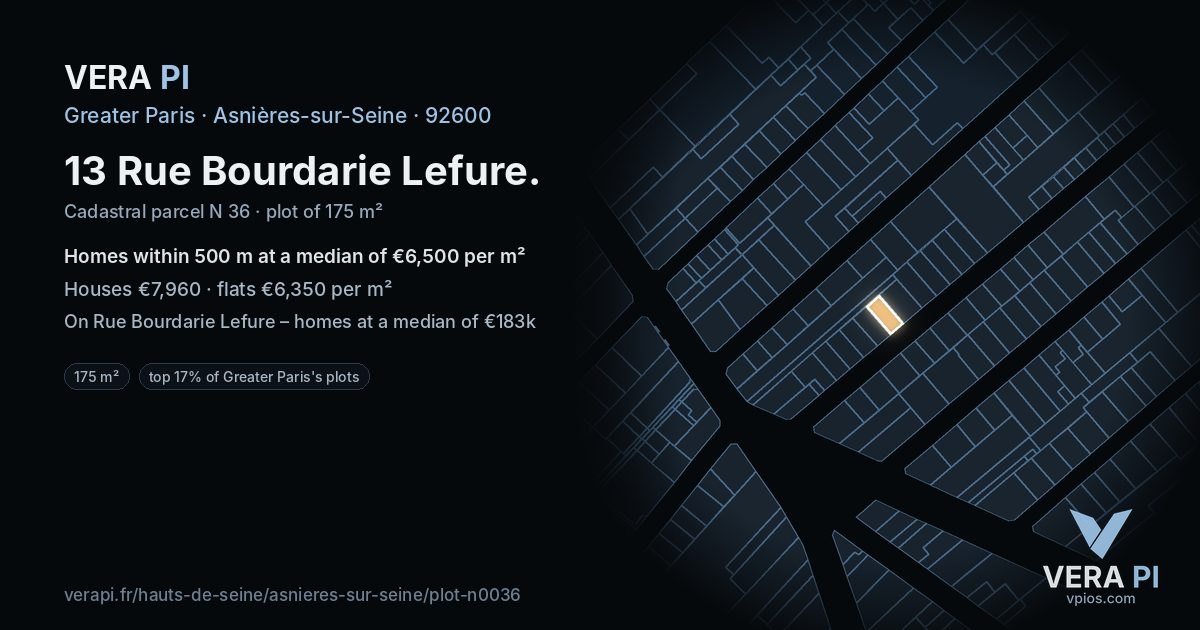 13 Rue Bourdarie Lefure, Asnières-sur-Seine at night – the plot lit, the parcels around coloured by the prices near them