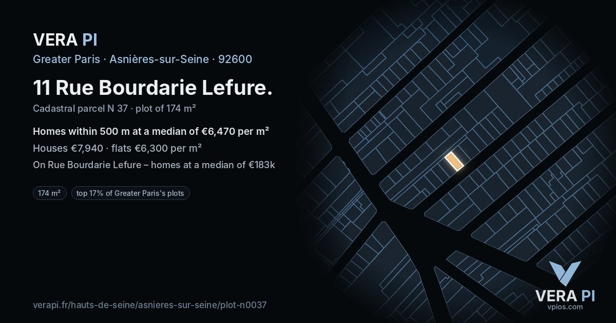 11 Rue Bourdarie Lefure, Asnières-sur-Seine at night – the plot lit, the parcels around coloured by the prices near them