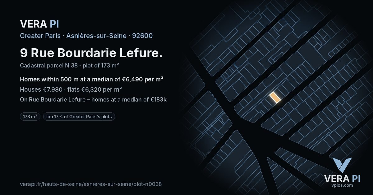 9 Rue Bourdarie Lefure, Asnières-sur-Seine at night – the plot lit, the parcels around coloured by the prices near them