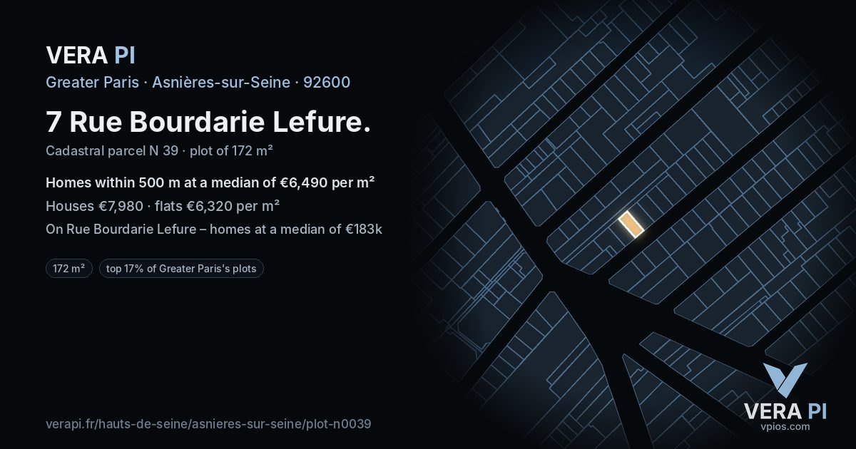 7 Rue Bourdarie Lefure, Asnières-sur-Seine at night – the plot lit, the parcels around coloured by the prices near them