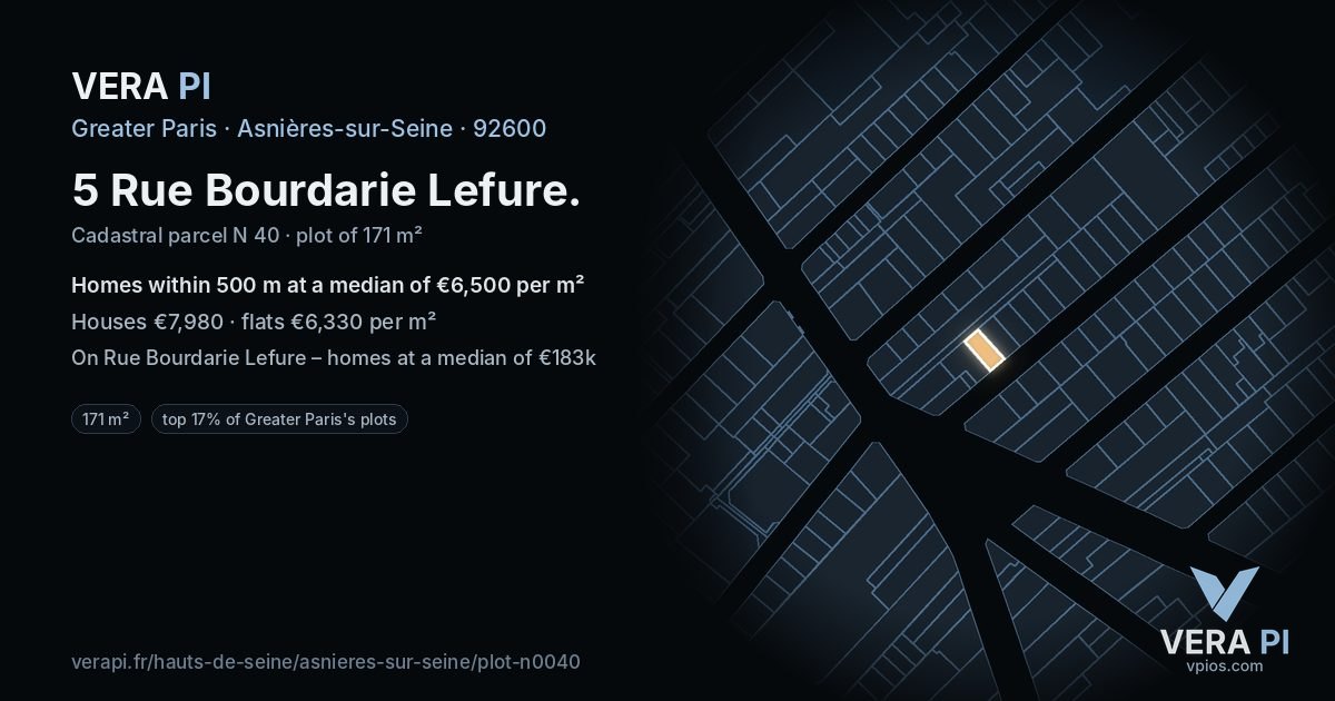 5 Rue Bourdarie Lefure, Asnières-sur-Seine at night – the plot lit, the parcels around coloured by the prices near them