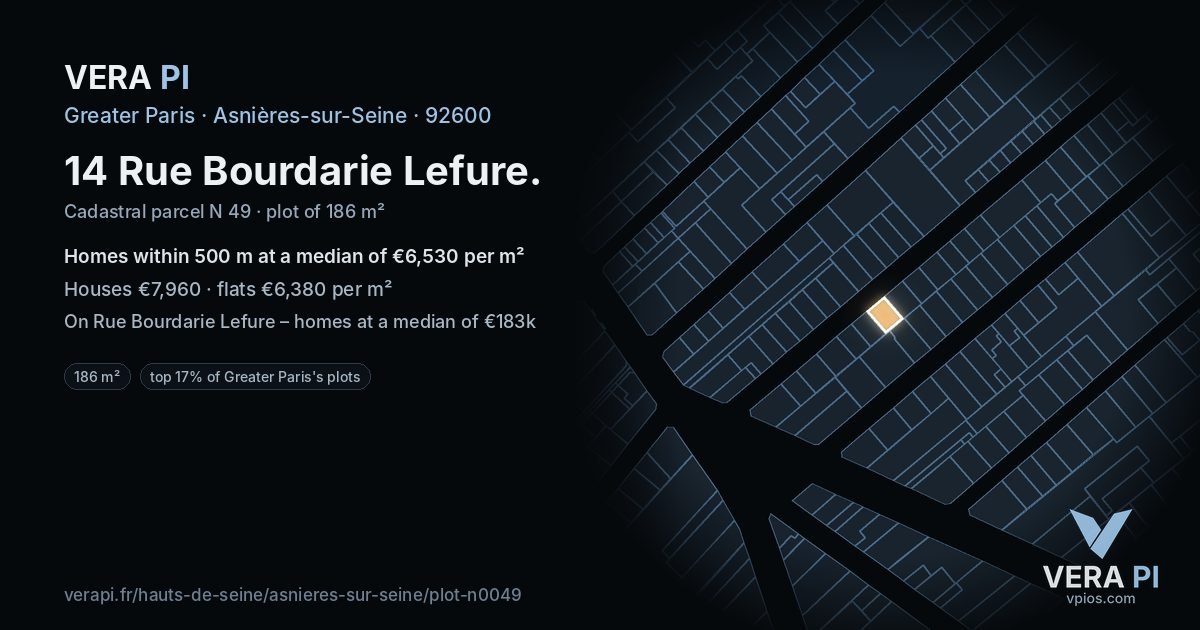 14 Rue Bourdarie Lefure, Asnières-sur-Seine at night – the plot lit, the parcels around coloured by the prices near them