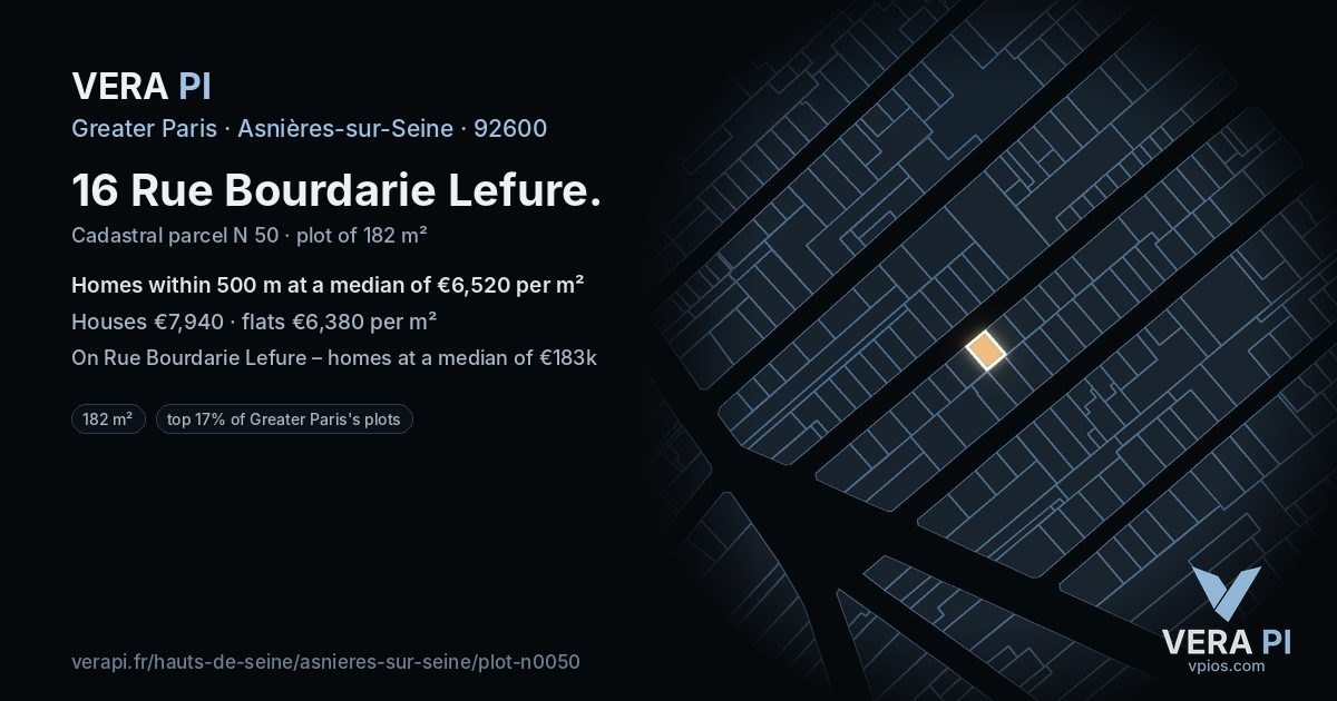 16 Rue Bourdarie Lefure, Asnières-sur-Seine at night – the plot lit, the parcels around coloured by the prices near them