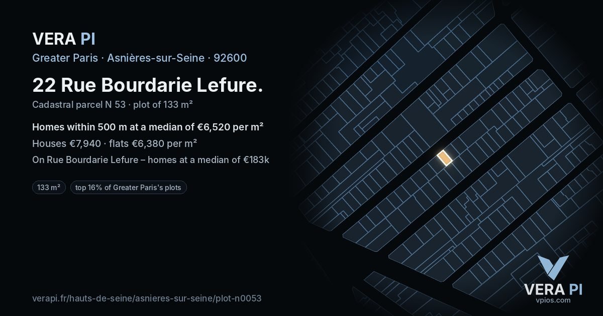 22 Rue Bourdarie Lefure, Asnières-sur-Seine at night – the plot lit, the parcels around coloured by the prices near them