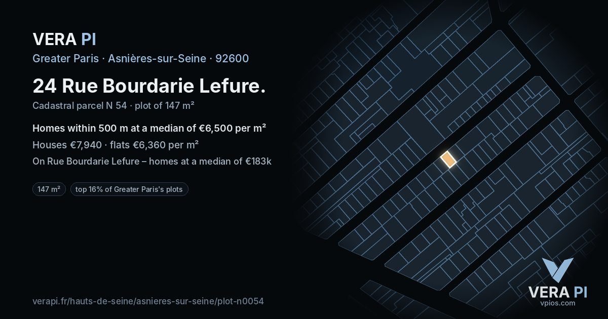 24 Rue Bourdarie Lefure, Asnières-sur-Seine at night – the plot lit, the parcels around coloured by the prices near them