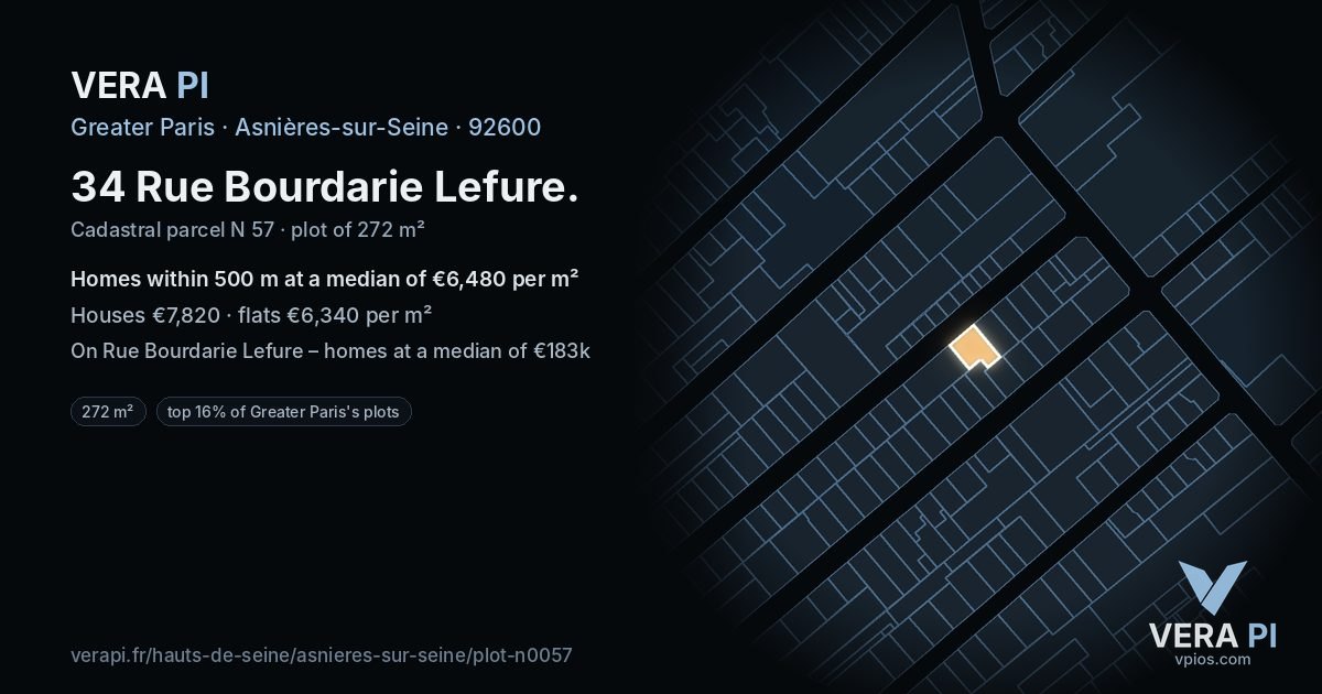 34 Rue Bourdarie Lefure, Asnières-sur-Seine at night – the plot lit, the parcels around coloured by the prices near them