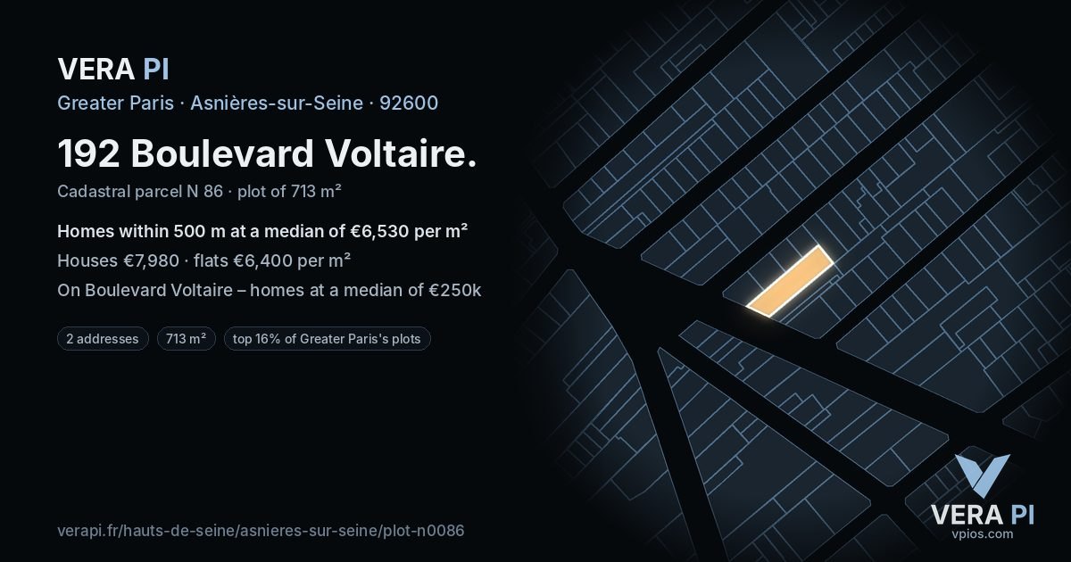 192 Boulevard Voltaire, Asnières-sur-Seine at night – the plot lit, the parcels around coloured by the prices near them